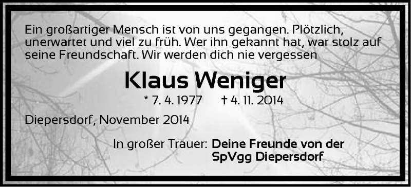  Traueranzeige für Klaus Weniger vom 08.11.2014 aus Pegnitz-Zeitung